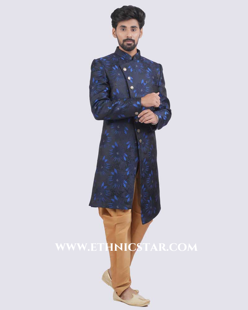 Silk Readymade Indowestern In Navy Blue