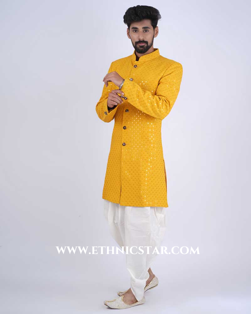 Mustard Yellow Wedding Function Wear Indowestern