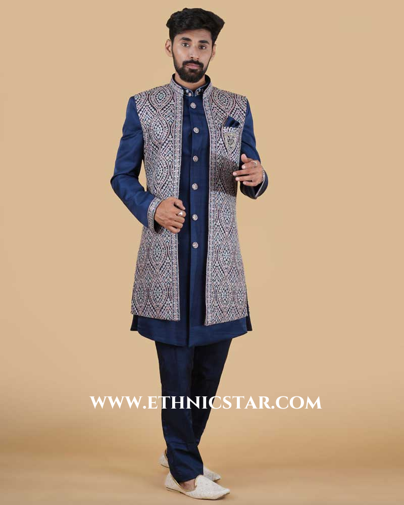 Blue Jacket Style Indowestern Set For Groom