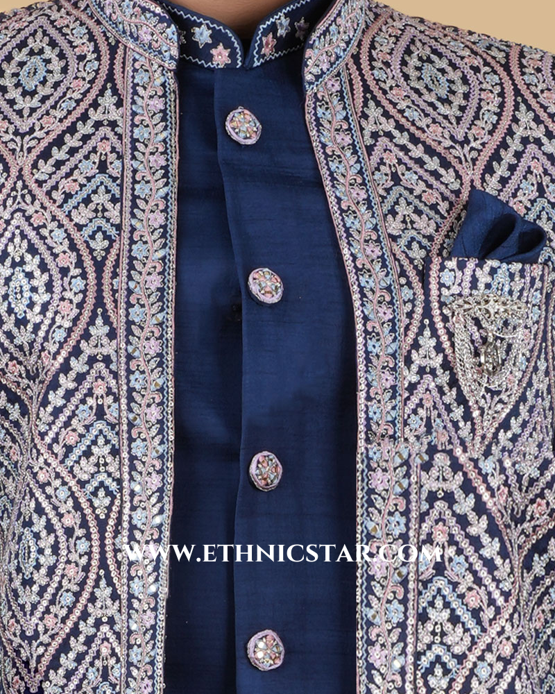 Blue Jacket Style Indowestern Set For Groom