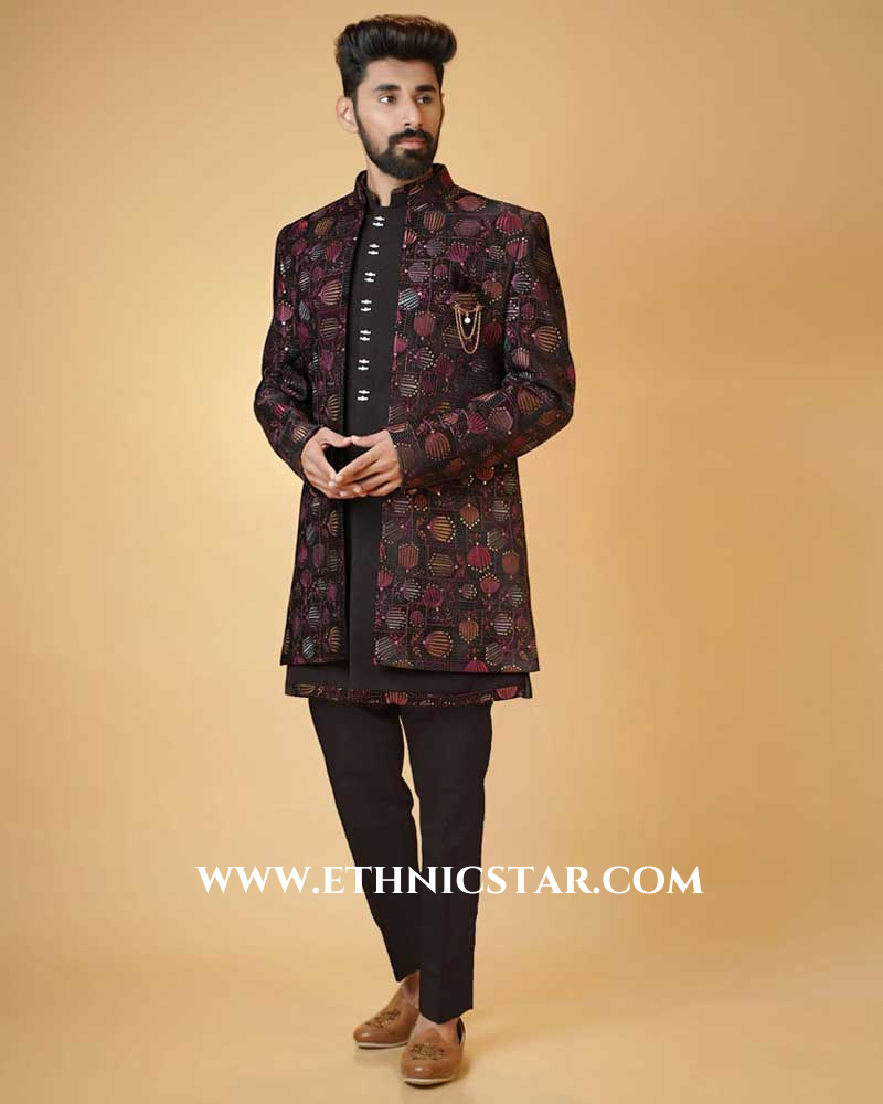 Stylish Wine Jacket Style Indowestern Set For Men