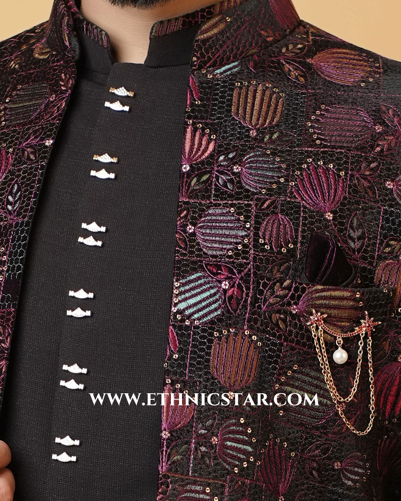 Stylish Wine Jacket Style Indowestern Set For Men