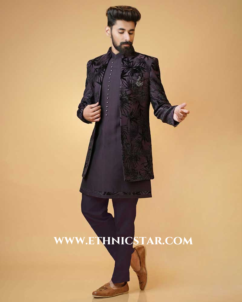Stylish Purple Jacket Style Indowestern Set For Men