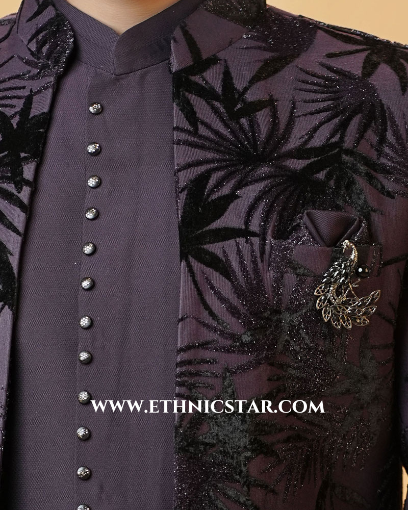 Stylish Purple Jacket Style Indowestern Set For Men