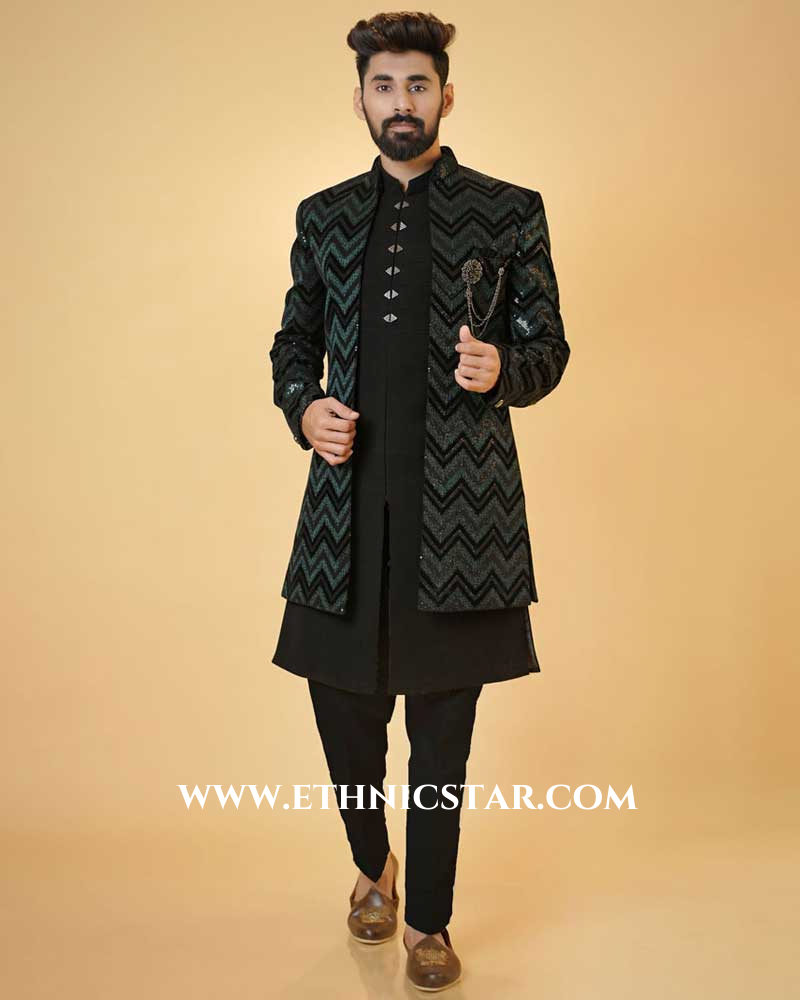 Designer Black Zig Zag Work Jacket Style Indowestern Set