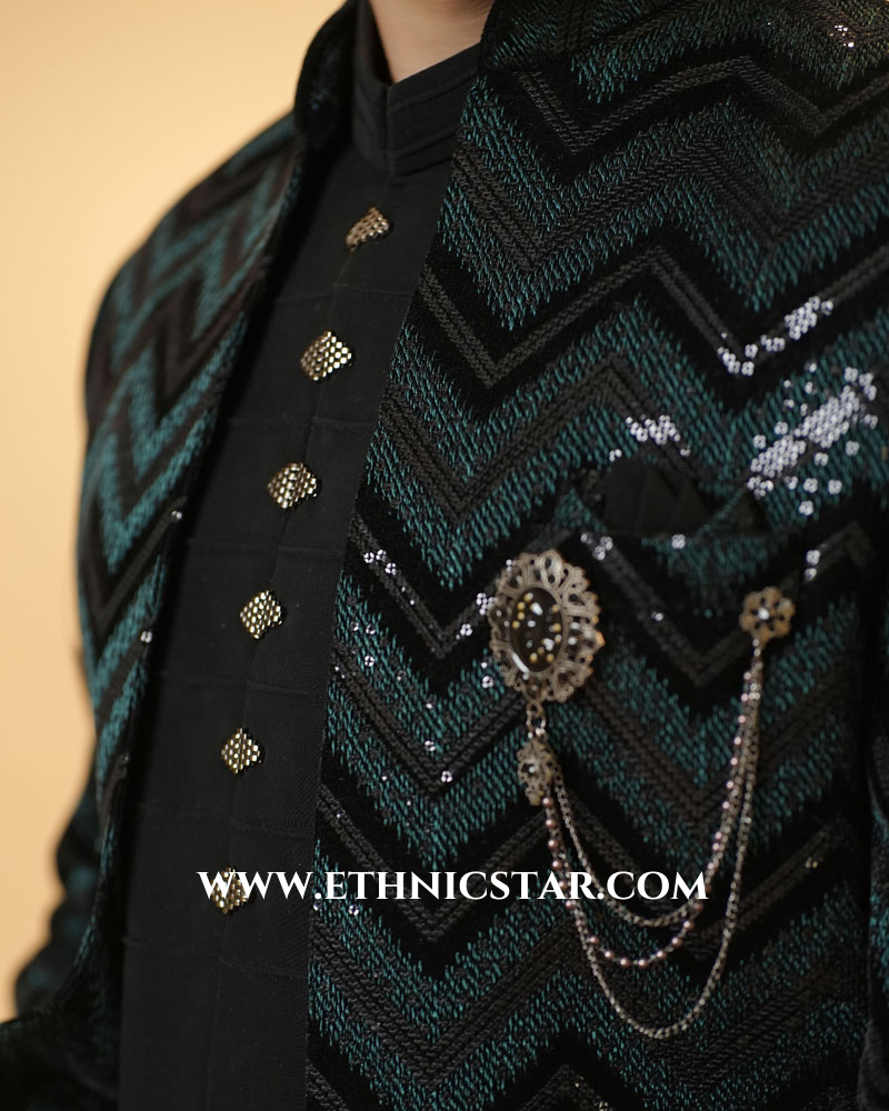 Designer Black Zig Zag Work Jacket Style Indowestern Set