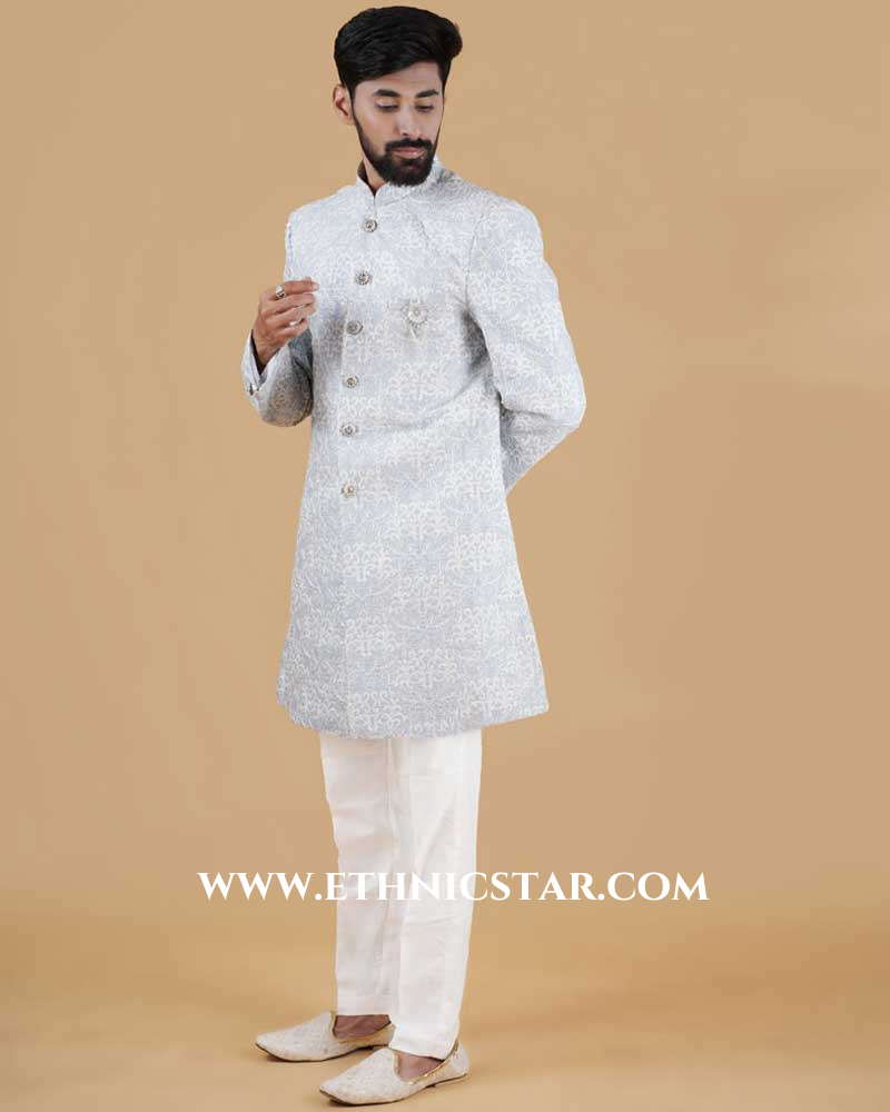 Graceful Light Blue Thread Embroidered Indowestern Set