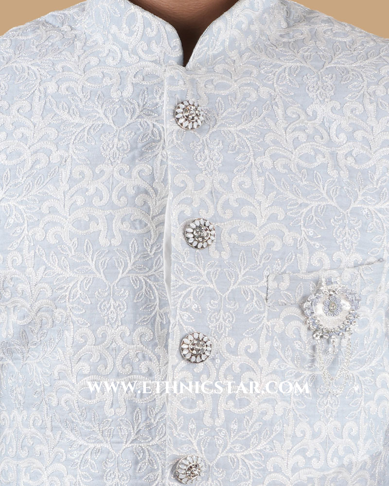 Graceful Light Blue Thread Embroidered Indowestern Set