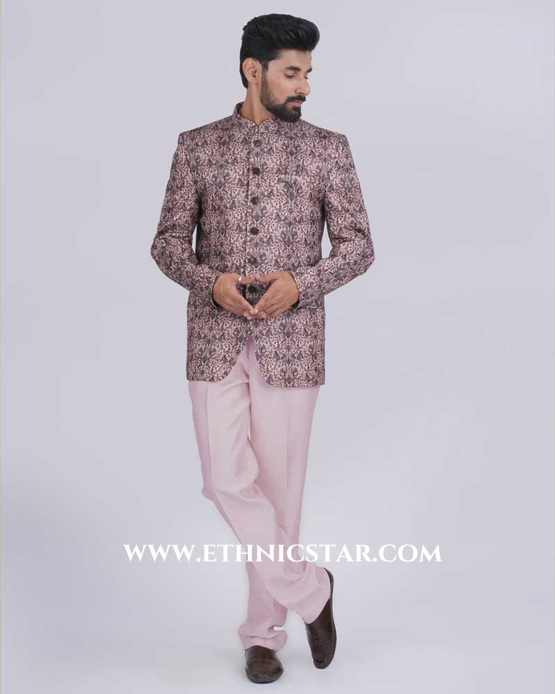 Imported Floral Printed Jodhpuri Suit In Onion Pink