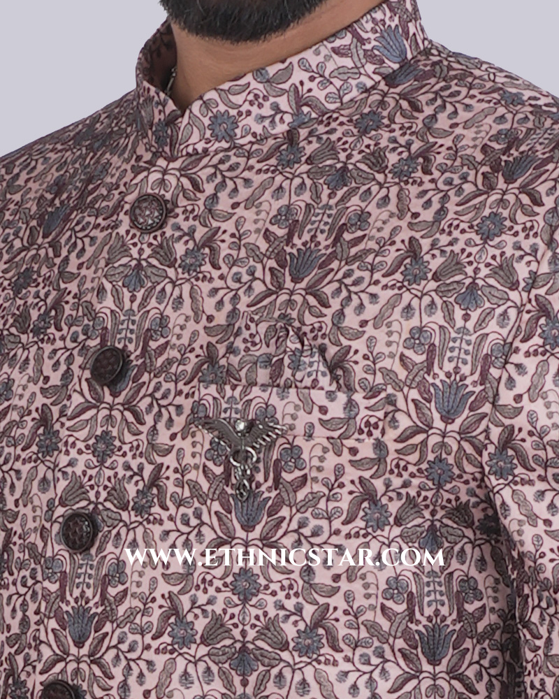 Imported Floral Printed Jodhpuri Suit In Onion Pink