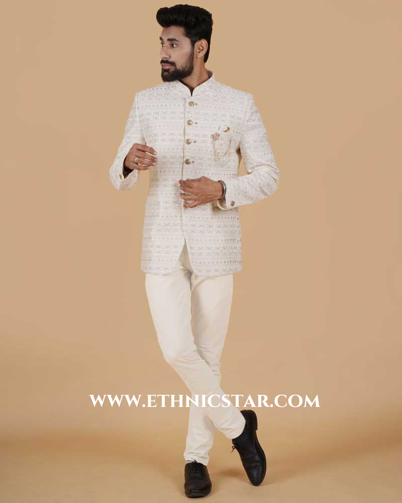 Cream Color Embroidered Silk Jodhpuri Suit