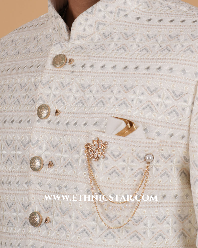 Cream Color Embroidered Silk Jodhpuri Suit