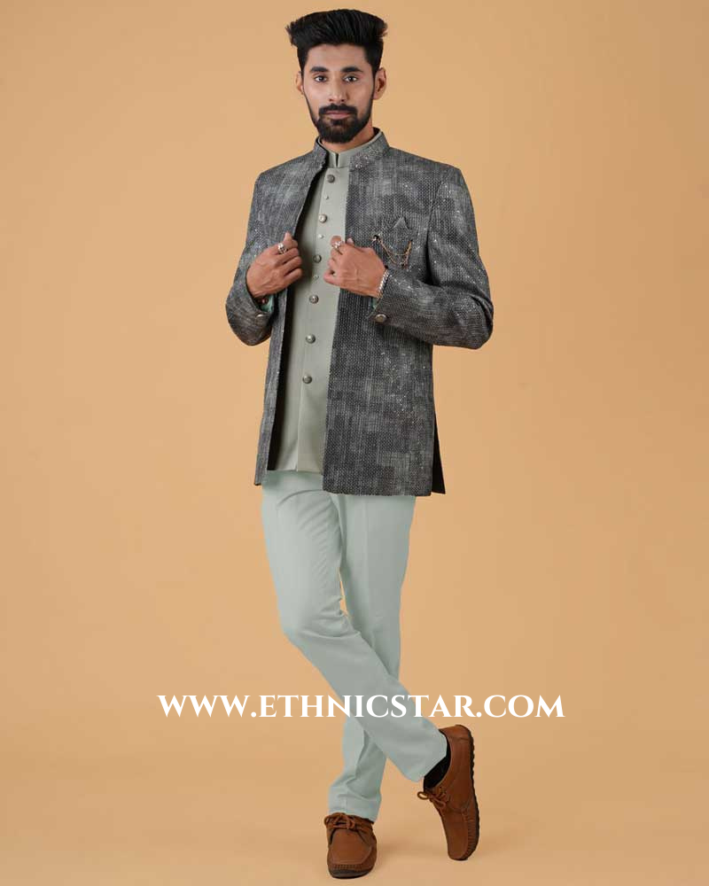 Designer Jacket Style Green Jodhpuri Suit