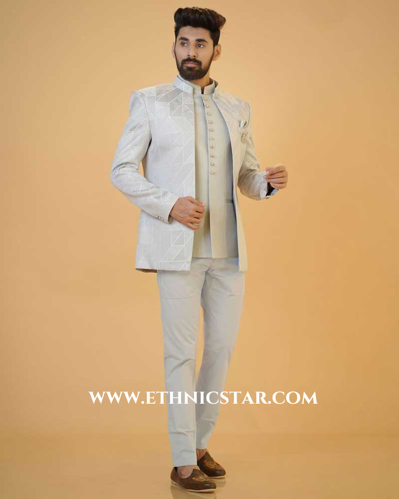 Grey Color Jacket Style Jodhpuri In Imported