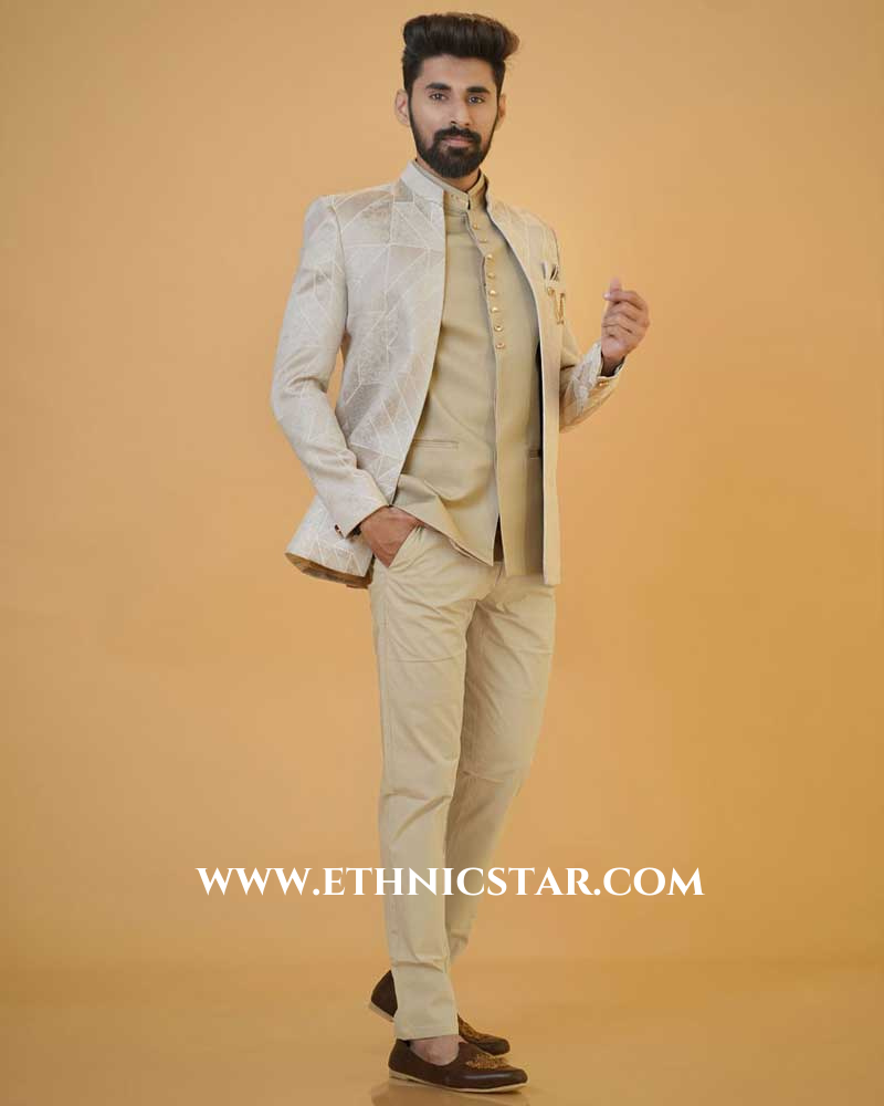 Beige Wedding Wear Jacket Style Jodhpuri Suit