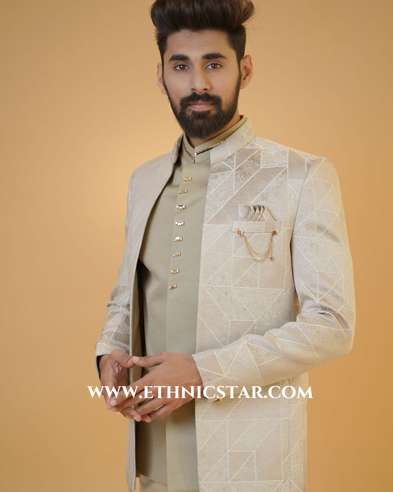 Beige Wedding Wear Jacket Style Jodhpuri Suit