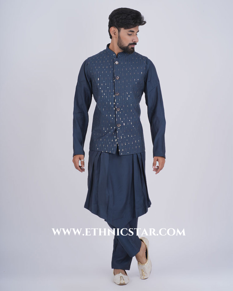 Stylish Peacock Blue Silk Nehru Jacket Set