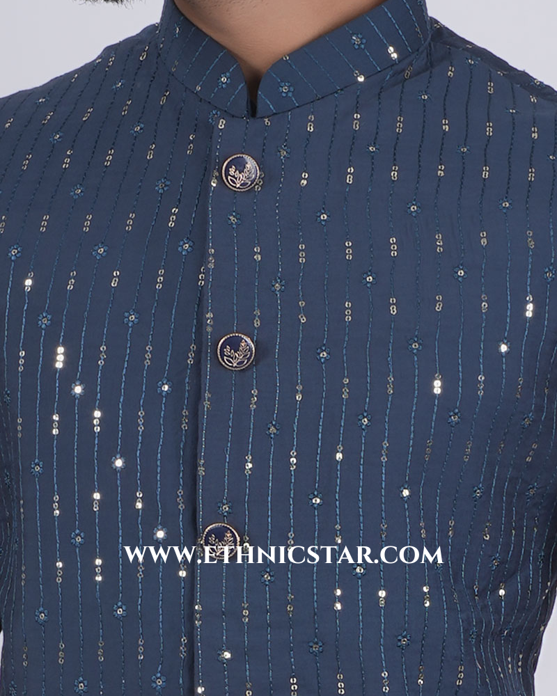 Stylish Peacock Blue Silk Nehru Jacket Set