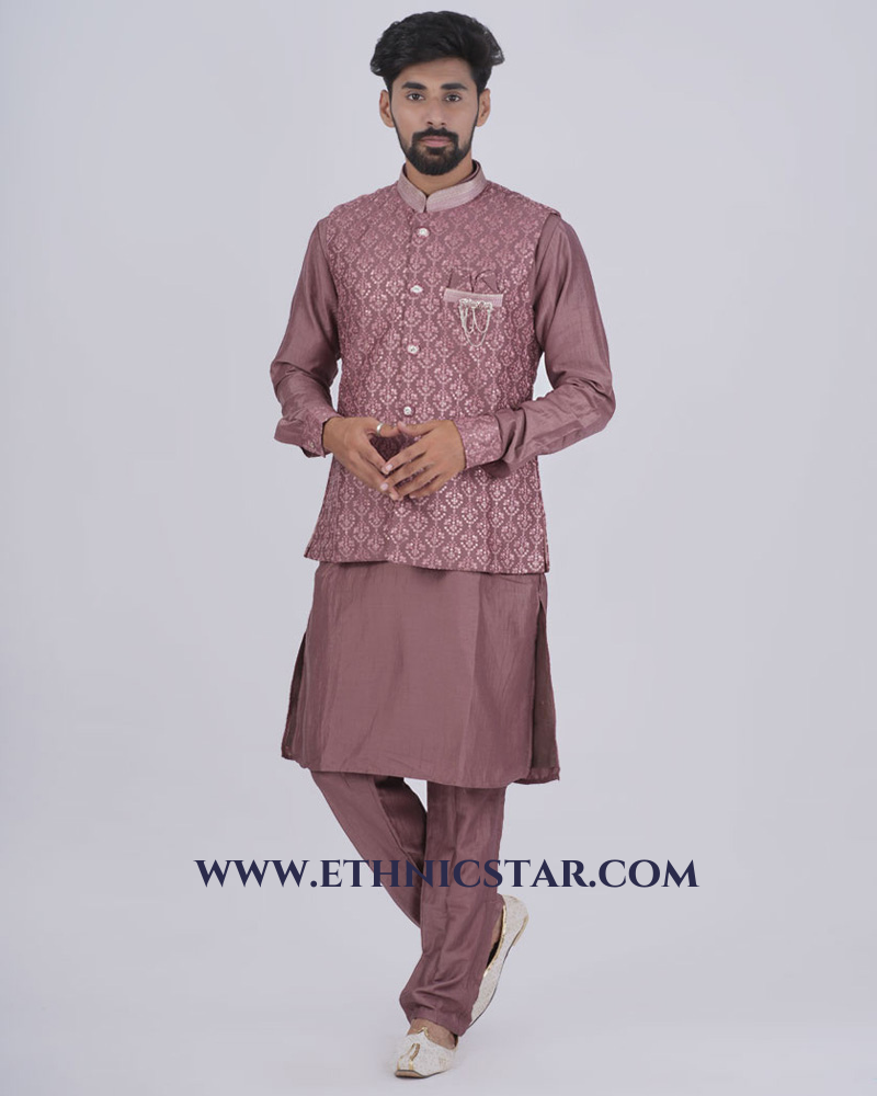 Onion Pink Wedding Nehru Jacket Set In Silk
