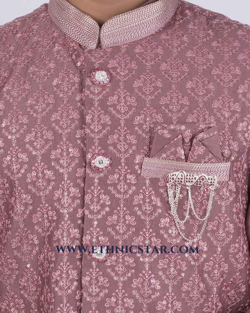 Onion Pink Wedding Nehru Jacket Set In Silk