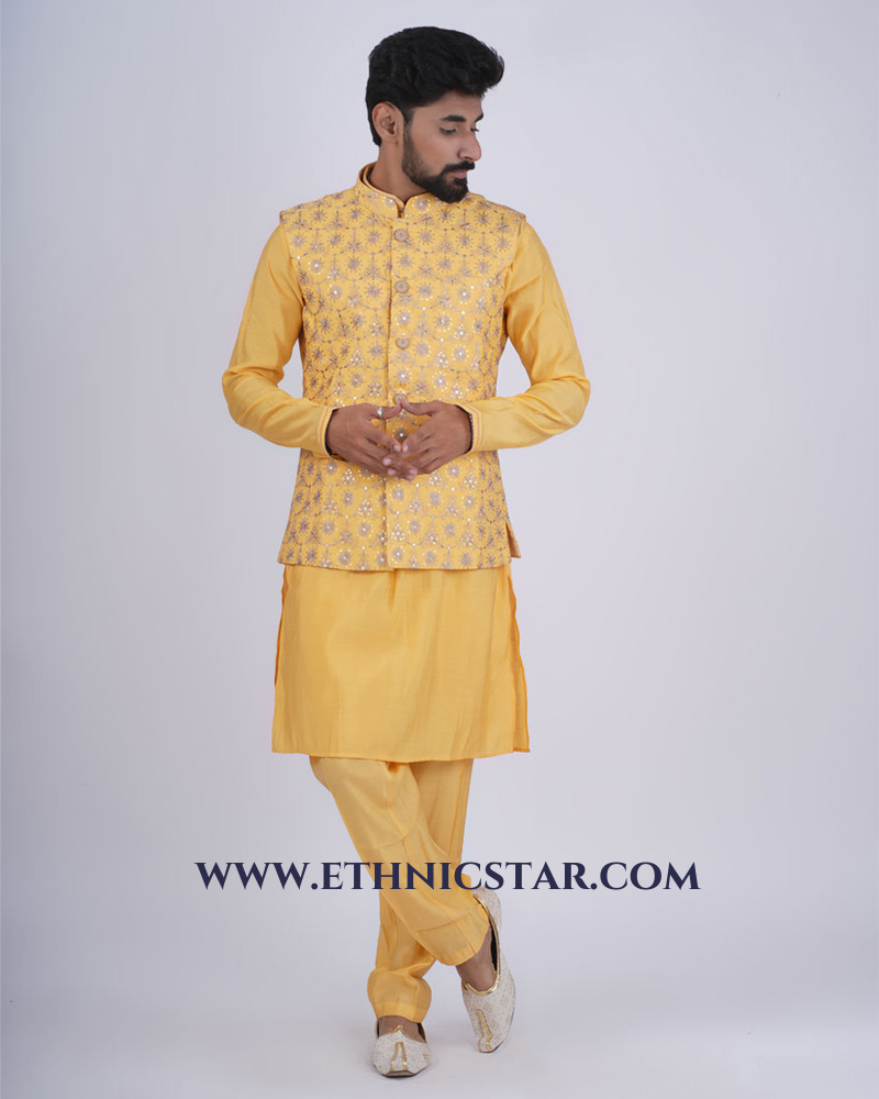 Yellow Kurta Pajama With Embroidered Nehru Jacket