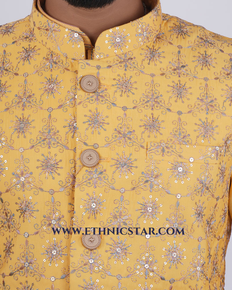 Yellow Kurta Pajama With Embroidered Nehru Jacket