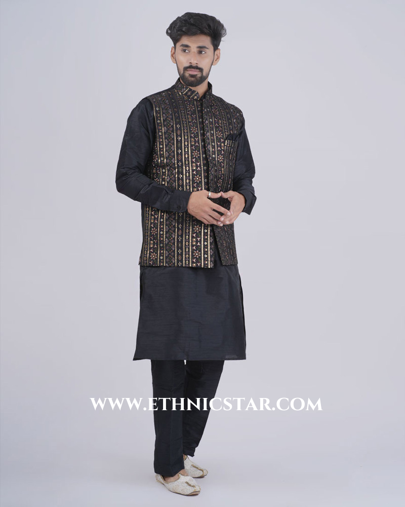 Black Silk Embroidered Nehru Jacket Set