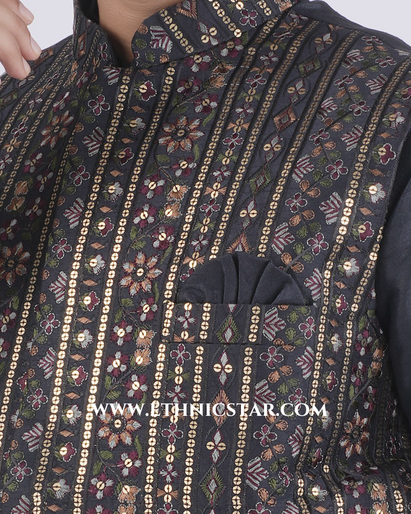 Black Silk Embroidered Nehru Jacket Set