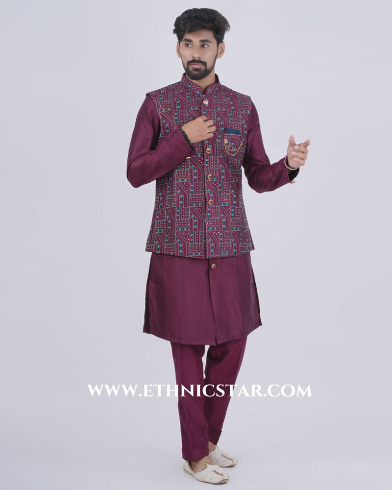 Wine Silk Mens Waistcoat Set For Party