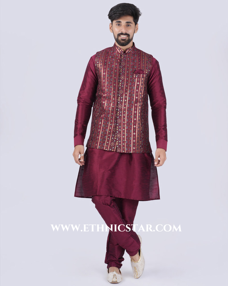 Wedding Wear Kurta Pajama With Embroidered Jacket