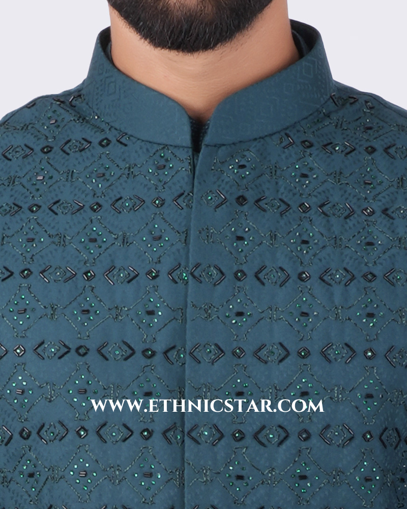Wedding Wear Peacock Green Nehru Jacket Set