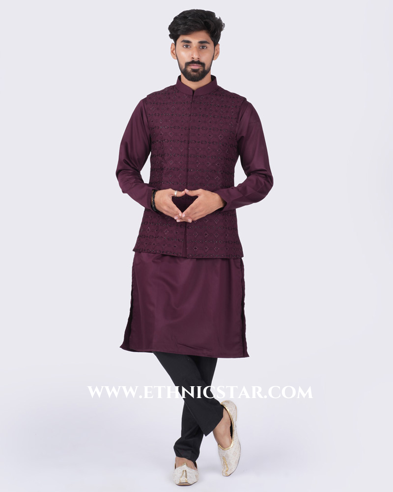 Embroidered Wine Nehru Jacket Set For Wedding