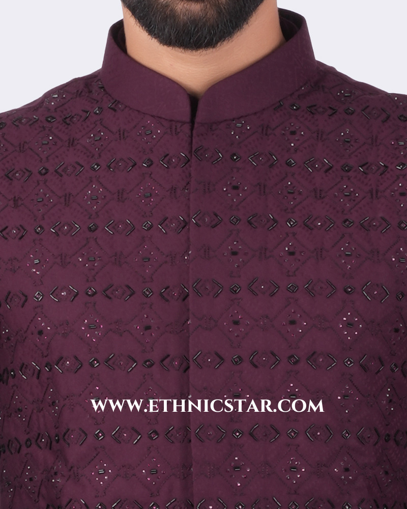 Embroidered Wine Nehru Jacket Set For Wedding
