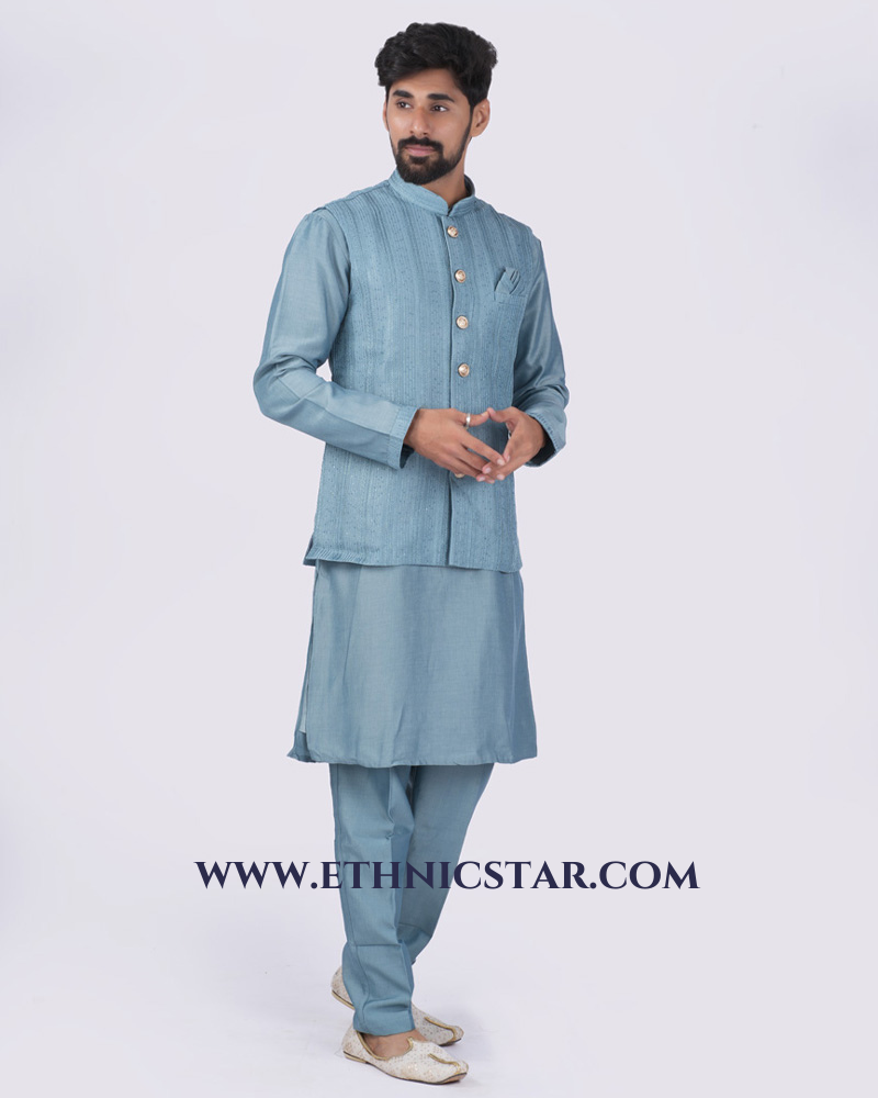 Attractive Sea Green Color Nehru Jacket Set