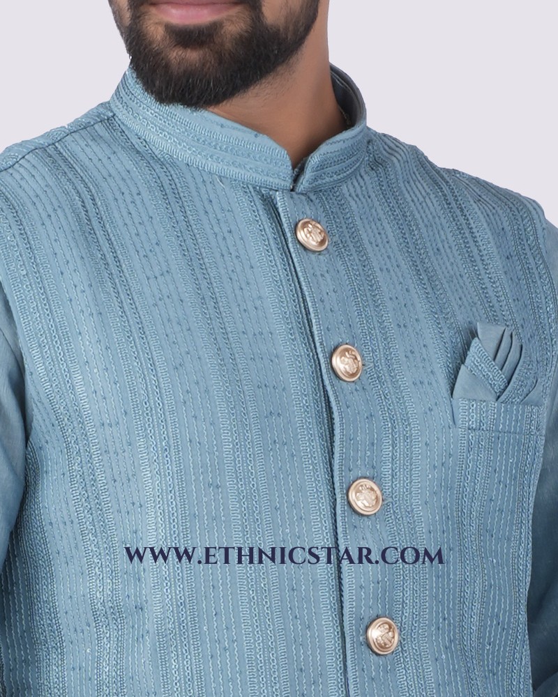 Attractive Sea Green Color Nehru Jacket Set