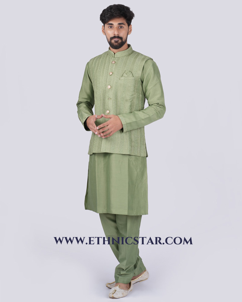 Pista Green Festive Wear Mens Nehru Jacket Set