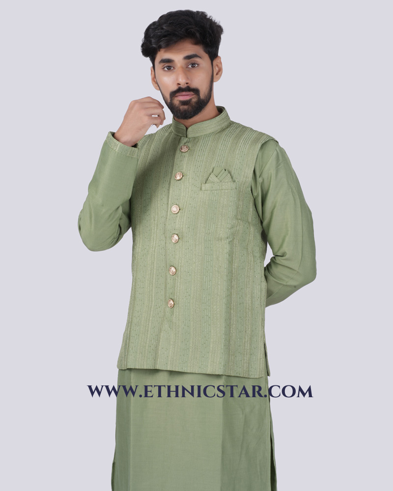 Pista Green Festive Wear Mens Nehru Jacket Set