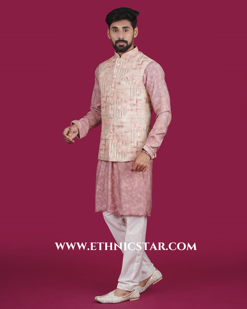 Peach Readymade Silk Nehru Jacket