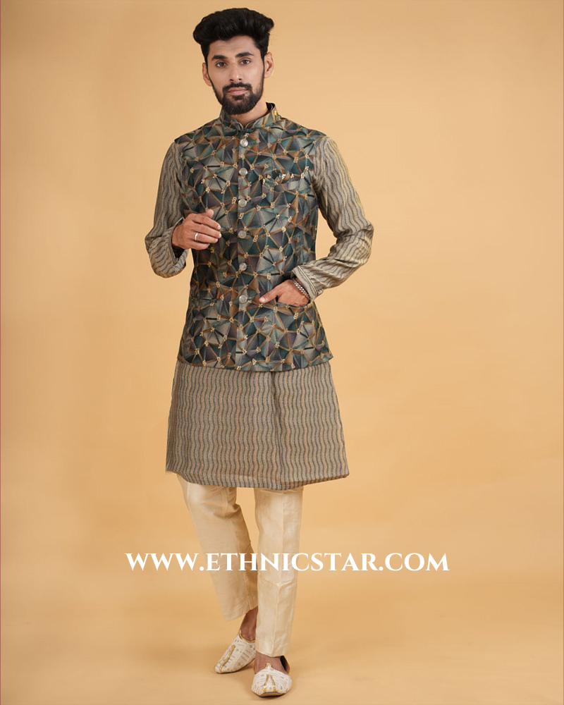 Sea Green Fancy Printed Nehru Jacket Set