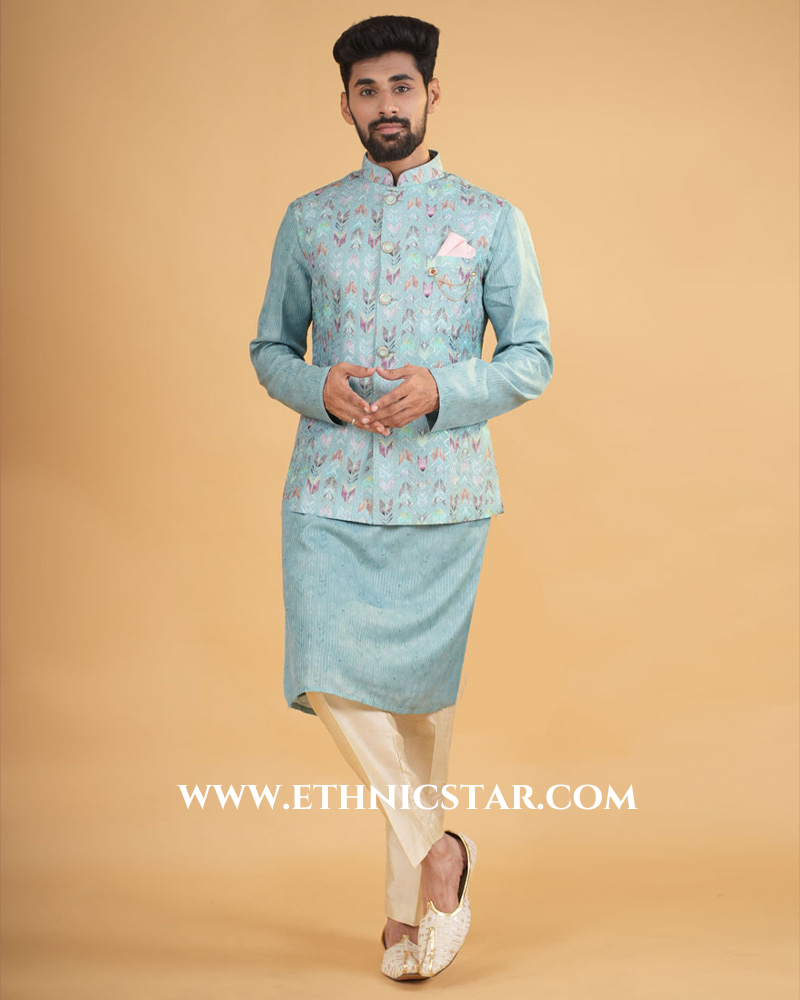 Thread Embroidered Light Sea Blue Nehru Jacket Set