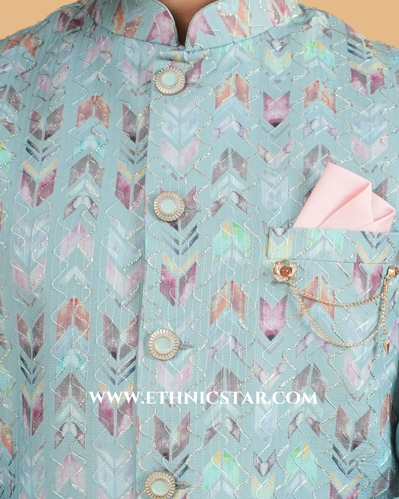 Thread Embroidered Light Sea Blue Nehru Jacket Set