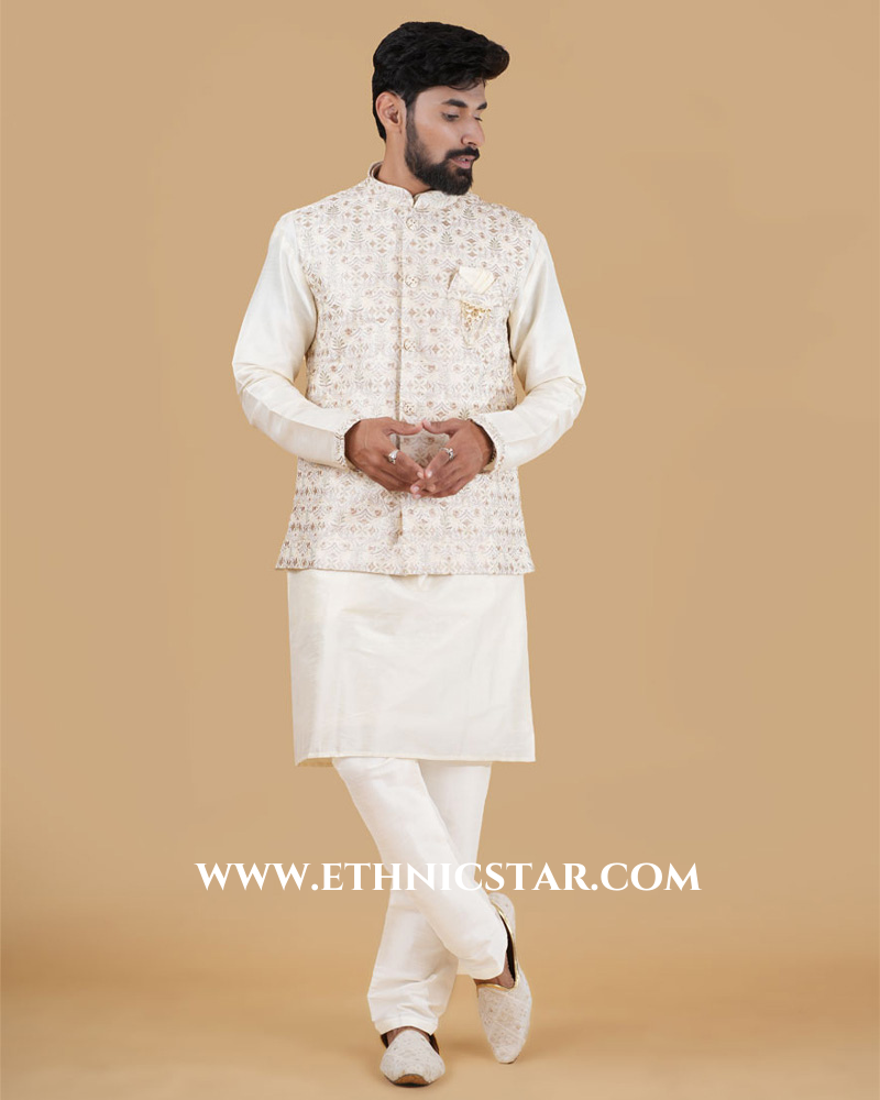 Reception Wear Cream Embroidered Nehru Jacket Set