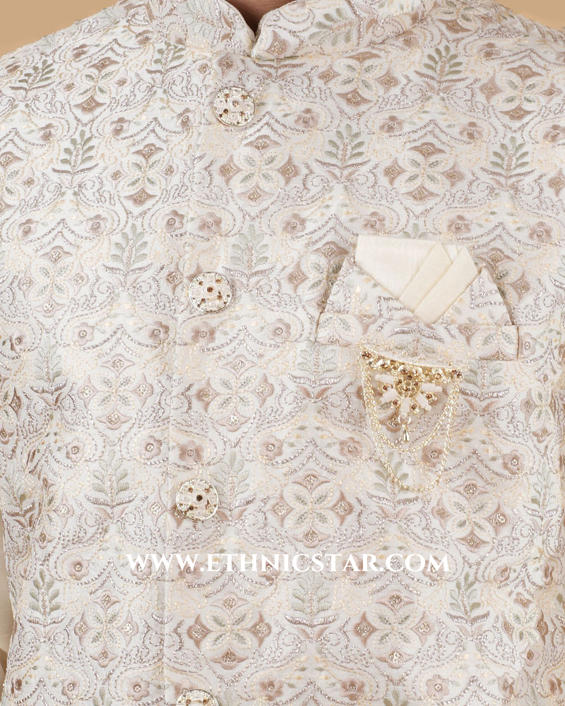 Reception Wear Cream Embroidered Nehru Jacket Set