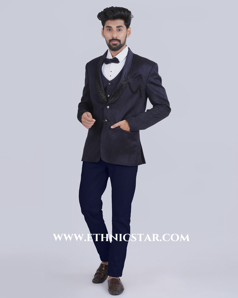 Designer Silk Navy Blue Mens Suit