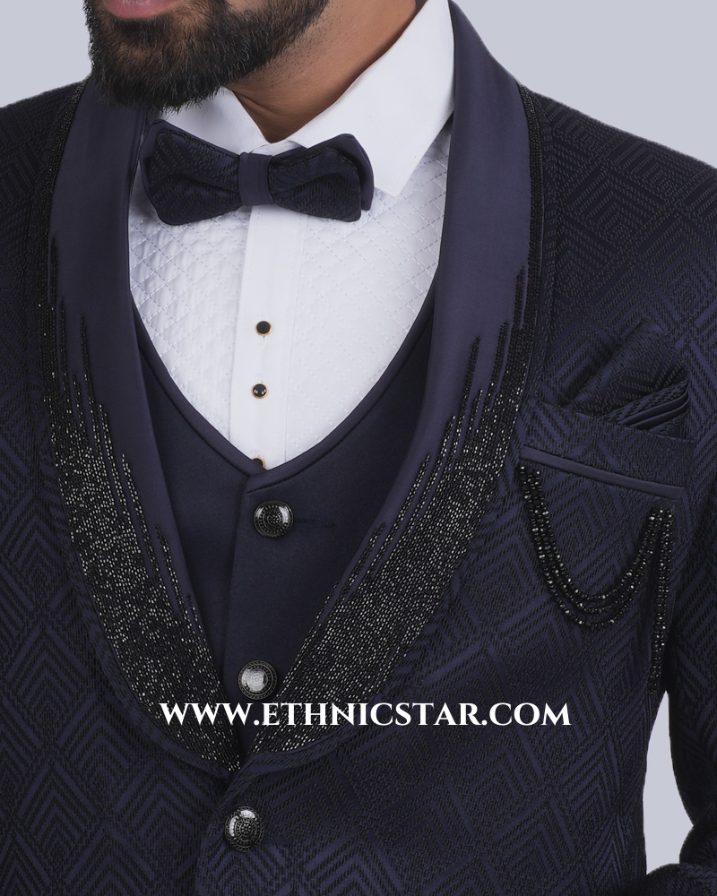 Designer Silk Navy Blue Mens Suit