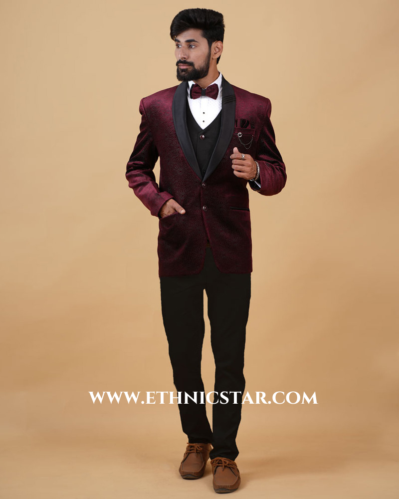 Maroon Party Wear Tuxedo Set In Imported Fabric