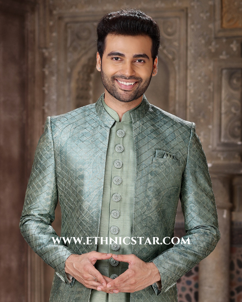 Palace Green Art Silk Jacket Style Indowestern