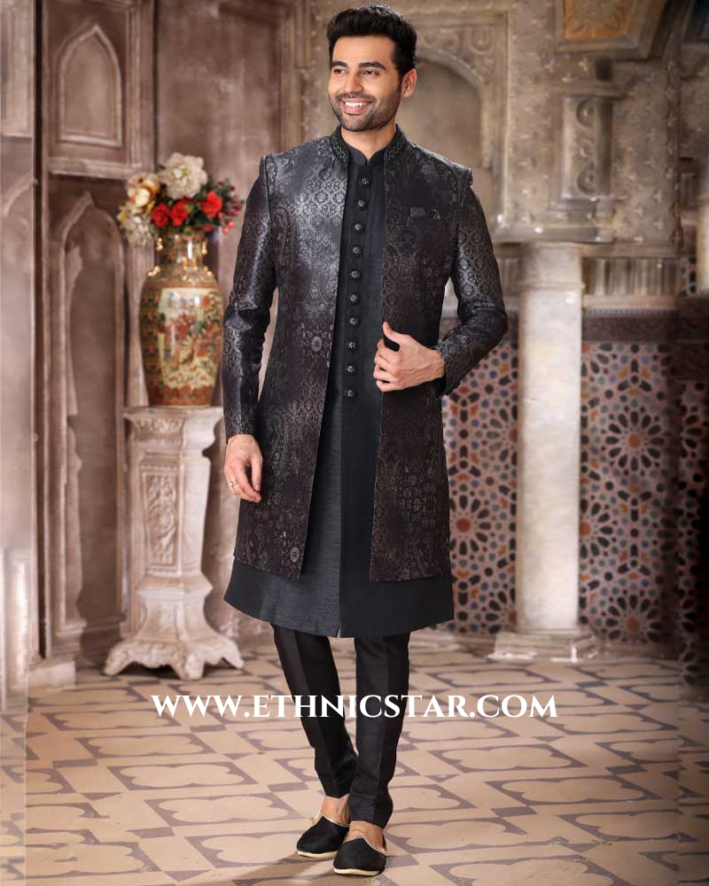 Black Jacket Style Indowestern In Art Silk