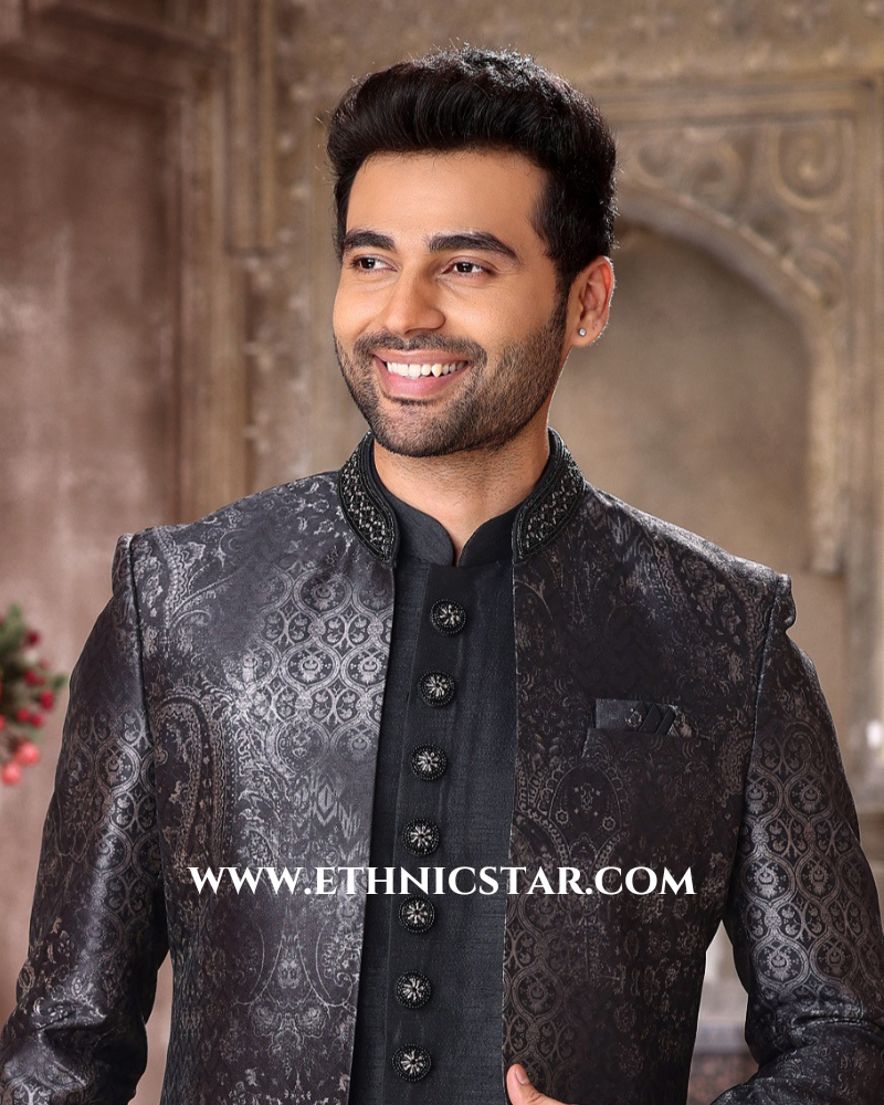 Black Jacket Style Indowestern In Art Silk