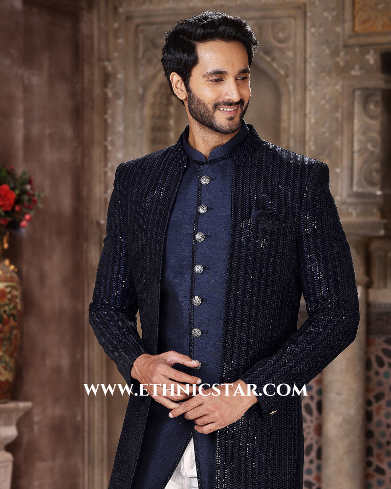 Navy Blue Jacket Style Indowestern In Velvet